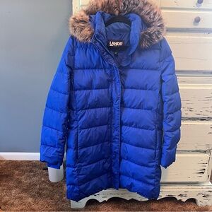 Lands' End Blue Down Puffer Coat with Fur Hood. Women’s size medium.